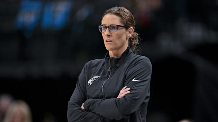 Aug 1, 2025; Dallas, Texas, USA; Indiana Fever head coach Stephanie White during the game between the Dallas Wings and the Indiana Fever at the American Airlines Center. Mandatory Credit: Jerome Miron-Imagn Images