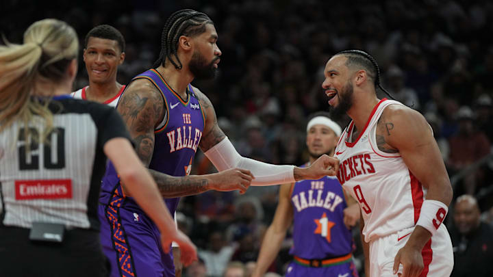 Mar 30, 2025; Phoenix, Arizona, USA; Phoenix Suns center Nick Richards (2) and Houston Rockets forward Dillon Brooks (9) shove each other in the first half at Footprint Center. Mandatory Credit: Rick Scuteri-Imagn Images Mar 30, 2025; Phoenix, Arizona, USA; Phoenix Suns center Nick Richards (2) and Houston Rockets forward Dillon Brooks (9) shove each other in the first half at Footprint Center. Mandatory Credit: Rick Scuteri-Imagn Images