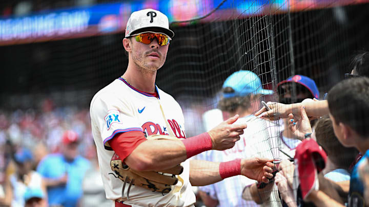 May 18, 2025; Philadelphia, Pennsylvania, USA; Philadelphia Phillies outfielder Max Kepler (17) signs autographs before the game against the Pittsburgh Pirates at Citizens Bank Park.