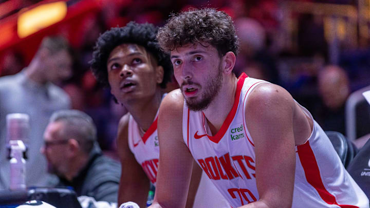 Jan 12, 2024; Detroit, Michigan, USA; Houston Rockets center Alperen Sengun (28) and forward Amen Thompson (1) sit on the sidelines on a play stoppage against the Detroit Pistons during the in the first half at Little Caesars Arena. Mandatory Credit: David Reginek-Imagn Images Jan 12, 2024; Detroit, Michigan, USA; Houston Rockets center Alperen Sengun (28) and forward Amen Thompson (1) sit on the sidelines on a play stoppage against the Detroit Pistons during the in the first half at Little Caesars Arena. Mandatory Credit: David Reginek-Imagn Images