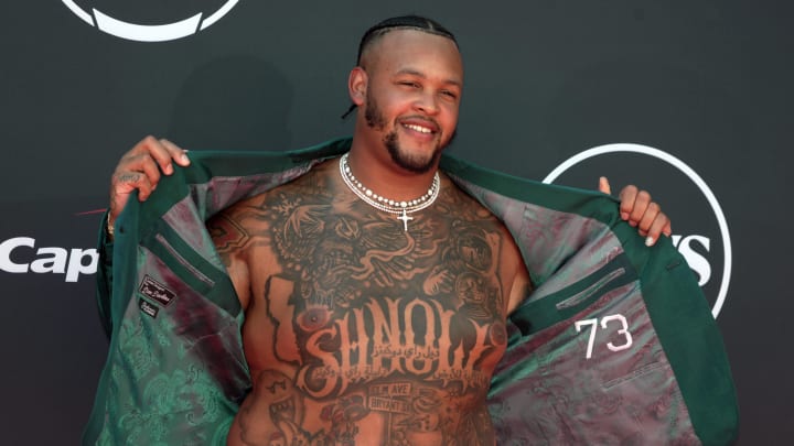 Jul 12, 2023; Los Angeles, CA, USA; Buffalo Bills offensive tackle Dion Dawkins arrives on the red carpet before the 2023 ESPYS at the Dolby Theatre. Mandatory Credit: Kirby Lee-USA TODAY Sports