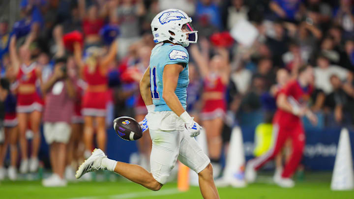 Aug 29, 2024; Kansas City, Kansas, USA; Kansas Jayhawks wide receiver Luke Grimm (11) scores a touchdown during the first half against the Lindenwood Lions at Children's Mercy Park. Mandatory Credit: Jay Biggerstaff-Imagn Images Aug 29, 2024; Kansas City, Kansas, USA; Kansas Jayhawks wide receiver Luke Grimm (11) scores a touchdown during the first half against the Lindenwood Lions at Children's Mercy Park. Mandatory Credit: Jay Biggerstaff-Imagn Images