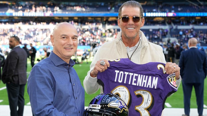 Oct 15, 2023; London, United Kingdom; Baltimore Ravens owner Steve Bisciotti (right) poses with Tottenham Hotspur chairman Daniel Levy during an NFL International Series game at Tottenham Hotspur Stadium. Mandatory Credit: Kirby Lee-Imagn Images