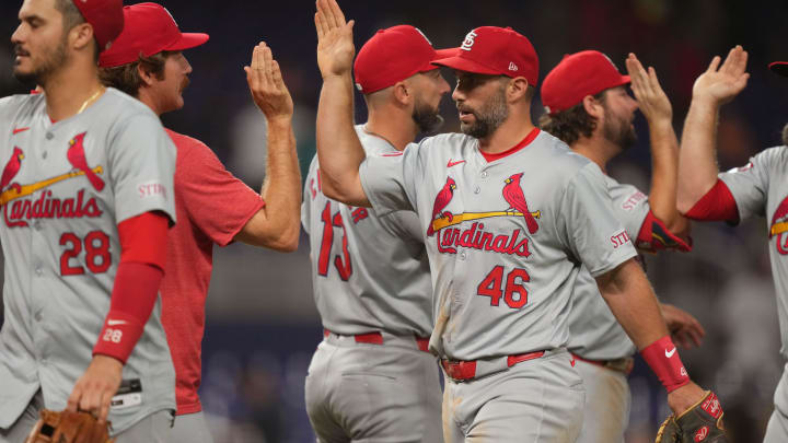 Jun 17, 2024; Miami, Florida, USA; St. Louis Cardinals first baseman Paul Goldschmidt (46) celebrates a victory against the Miami Marlins with teammates at loanDepot Park. Mandatory Credit: Jim Rassol-USA TODAY Sports Jun 17, 2024; Miami, Florida, USA; St. Louis Cardinals first baseman Paul Goldschmidt (46) celebrates a victory against the Miami Marlins with teammates at loanDepot Park. Mandatory Credit: Jim Rassol-USA TODAY Sports