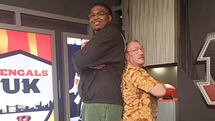 Paul Hirons, right, poses with Bengals left tackle Orlando Brown Jr. after being named the team's International Fan of the Year. Paul Hirons, right, poses with Bengals left tackle Orlando Brown Jr. after being named the team's International Fan of the Year.