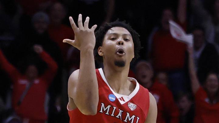 Mar 18, 2026; Dayton, OH, USA; Miami (OH) RedHawks wing Eian Elmer (0) reacts in the second half against the SMU Mustangs  during a first four game of the men's 2026 NCAA Tournament at University of Dayton Arena. Mandatory Credit: Rick Osentoski-Imagn Images