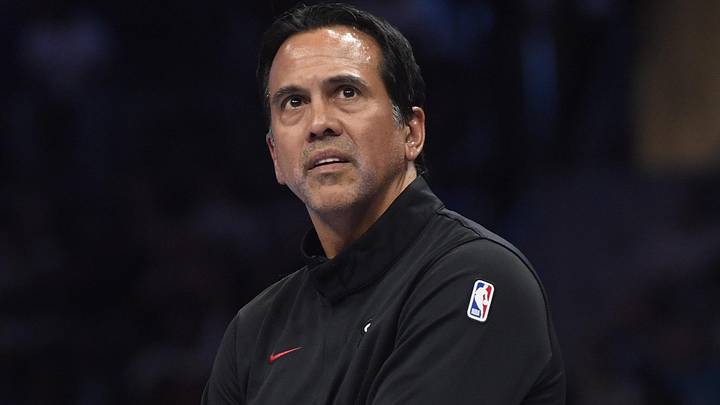 Miami Heat head coach Erik Spoelstra looks on  (Mandatory Credit: Sam Sharpe-Imagn Images.)