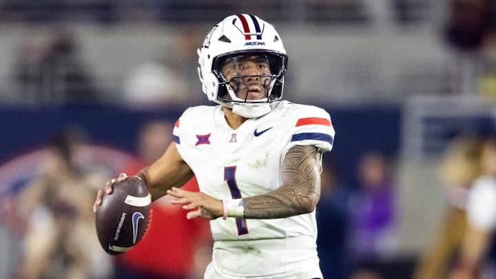 Nov 28, 2025; Tempe, Arizona, USA; Arizona Wildcats quarterback Noah Fifita (1) against the Arizona State Sun Devils during the 99th Territorial Cup at Mountain America Stadium. Mandatory Credit: Mark J. Rebilas-Imagn Images