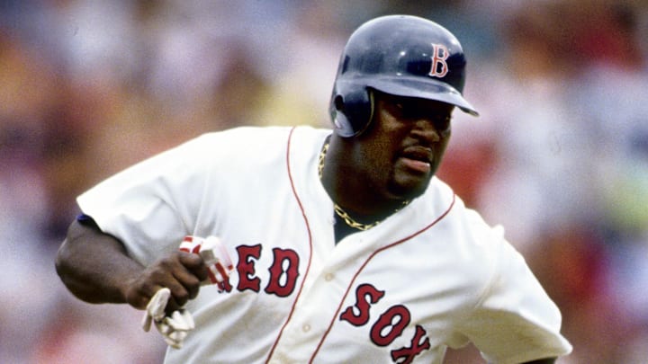 Jul 6, 1991; Boston, MA, USA; FILE PHOTO; Boston Red Sox infielder Mo Vaughn in action against the Detroit Tigers at Fenway Park. Mandatory Credit: Imagn Images