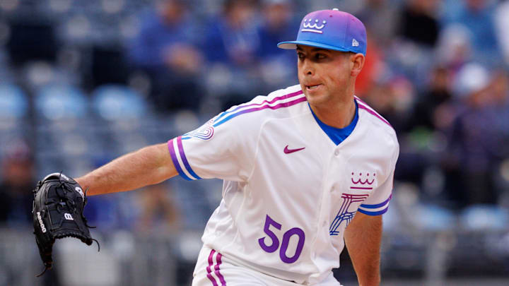 Apr 10, 2026; Kansas City, Missouri, USA; Kansas City Royals pitcher Kris Bubic (50) pitches during the first inning against the Chicago White Sox at Kauffman Stadium. Mandatory Credit: William Purnell-Imagn Images