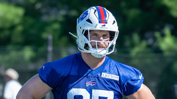 Jul 23, 2025; Rochester, NY, USA; Buffalo Bills defensive end Joey Bosa (97) during training camp at St. John Fisher University. Mandatory Credit: Mark Konezny-Imagn Images