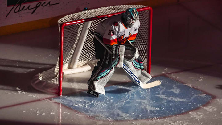 Coachella Valley goalie Nikke Kokko takes his spot in the goal before their game at Acrisure Arena in Palm Desert, Calif., Wednesday, Jan. 29, 2025.