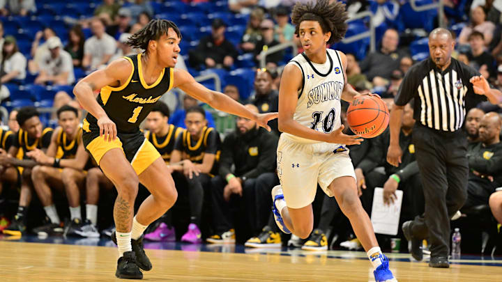 Mansfield Summit's Sam Getnet (10) looks for an outlet around Fort Bend Marshall's Armani Theus (1) during the 2025 UIL Class 5A Division 2 championship on Saturday, March 8, 2025, at the Alamodome in San Antonio. Mansfield Summit's Sam Getnet (10) looks for an outlet around Fort Bend Marshall's Armani Theus (1) during the 2025 UIL Class 5A Division 2 championship on Saturday, March 8, 2025, at the Alamodome in San Antonio.