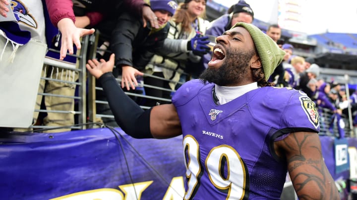 Nov 17, 2019; Baltimore, MD, USA; Baltimore Ravens linebacker Matthew Judon (99) high fives fans after beating the Houston Texans 41-7 at M&T Bank Stadium. Mandatory Credit: Evan Habeeb-USA TODAY Sports