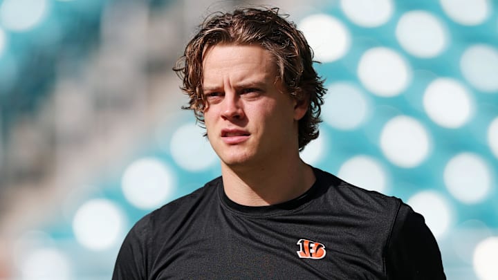 Dec 21, 2025; Miami Gardens, Florida, USA; Cincinnati Bengals quarterback Joe Burrow (9) warms up before the game against the Miami Dolphins at Hard Rock Stadium. Mandatory Credit: Nathan Ray Seebeck-Imagn Images