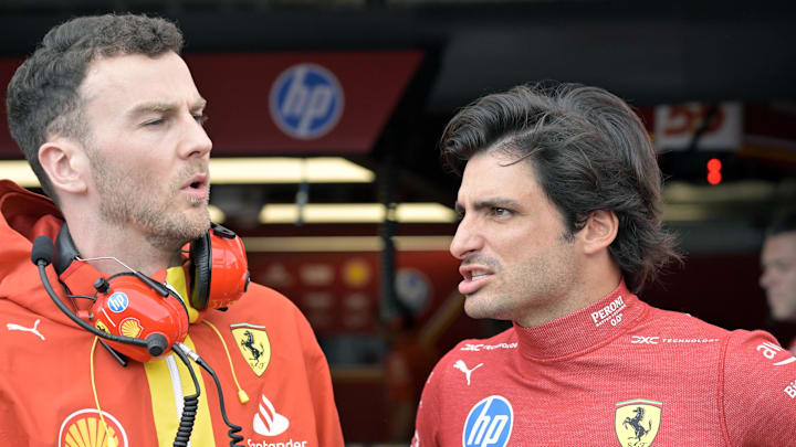 Jun 7, 2024; Montreal, Quebec, CAN; Ferrari driver driver Carlos Sainz (ESP) in the pit lane during the practice session at Circuit Gilles Villeneuve. Mandatory Credit: Eric Bolte-USA TODAY Sports