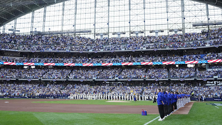 Oct 4, 2025; Milwaukee, Wisconsin, USA; A general view during the national anthem before game one of the NLDS round for the 2025 MLB playoffs between the Chicago Cubs and Milwaukee Brewers at American Family Field. Mandatory Credit: Michael McLoone-Imagn Images Oct 4, 2025; Milwaukee, Wisconsin, USA; A general view during the national anthem before game one of the NLDS round for the 2025 MLB playoffs between the Chicago Cubs and Milwaukee Brewers at American Family Field. Mandatory Credit: Michael McLoone-Imagn Images