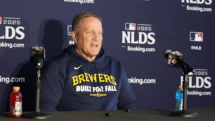 Oct 9, 2025; Chicago, Illinois, USA; Milwaukee Brewers manager Pat Murphy talks to the media before game four of the NLDS round for the 2025 MLB playoffs at Wrigley Field. Mandatory Credit: David Banks-Imagn Images