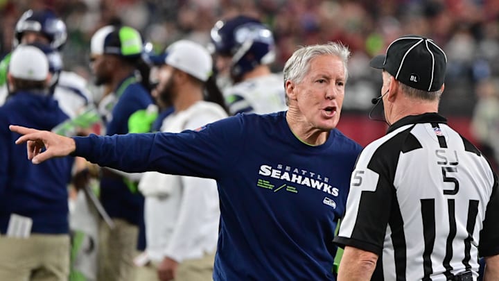 Jan 7, 2024; Glendale, Arizona, USA; Seattle Seahawks head coach Pete Carroll reacts in the second half against the Arizona Cardinals at State Farm Stadium. Mandatory Credit: Matt Kartozian-Imagn Images
