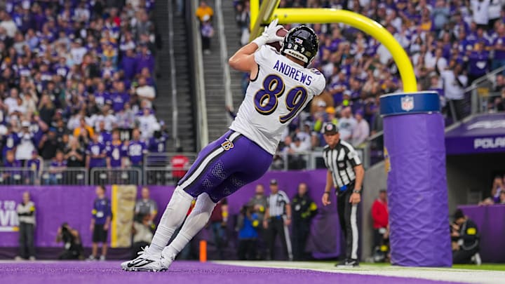 Nov 9, 2025; Minneapolis, Minnesota, USA; Baltimore Ravens tight end Mark Andrews (89) catches a pass for a touchdown against the Minnesota Vikings in the third quarter at U.S. Bank Stadium. Mandatory Credit: Brad Rempel-Imagn Images