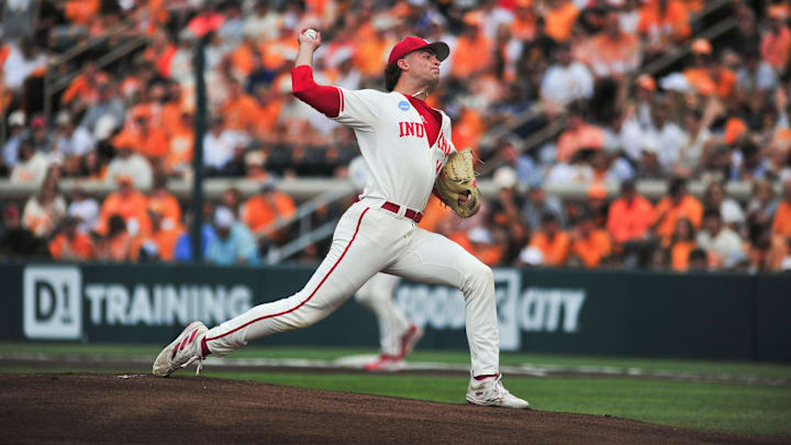 Indiana's Connor Foley (14) pitches during a NCAA Baseball Tournament Knoxville Regional game at Lindsey Nelson Stadium on Saturday, June 1, 2024 in Knoxville, Tenn.