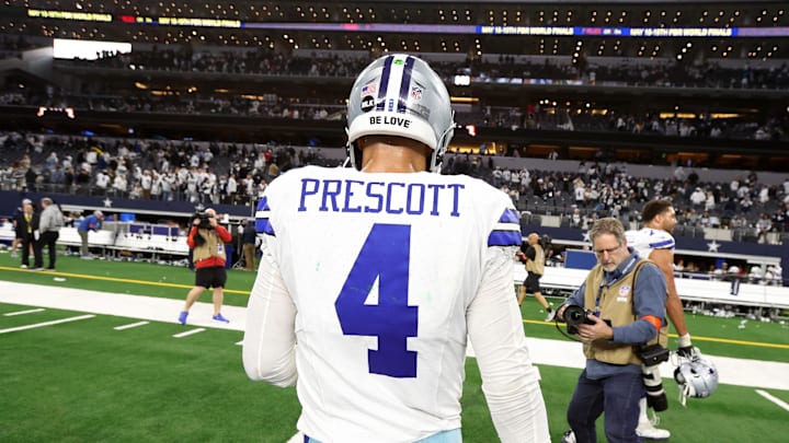 Jan 14, 2024; Arlington, Texas, USA; Dallas Cowboys quarterback Dak Prescott (4) walks off the field