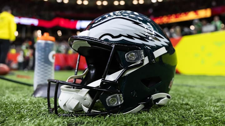 Detailed view of a Philadelphia Eagles helmet during Super Bowl LIX at Ceasars Superdome. Detailed view of a Philadelphia Eagles helmet during Super Bowl LIX at Ceasars Superdome.