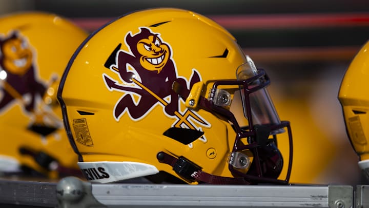 Nov 25, 2022; Tucson, Arizona, USA; Detailed view of an Arizona State Sun Devils helmet during the Territorial Cup at Arizona Stadium. Mandatory Credit: Mark J. Rebilas-Imagn Images