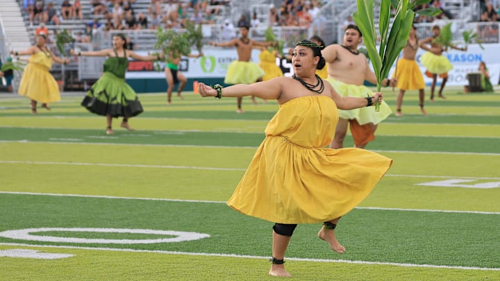 Dec 24, 2024; Honolulu, HI, USA;  Dancers perform a Polynesian dance during half time at the Hawaii Bowl between South Florida and San Jose State held at Clarence T.C. Ching Athletics Complex. Mandatory Credit: Marco Garcia-Imagn Images