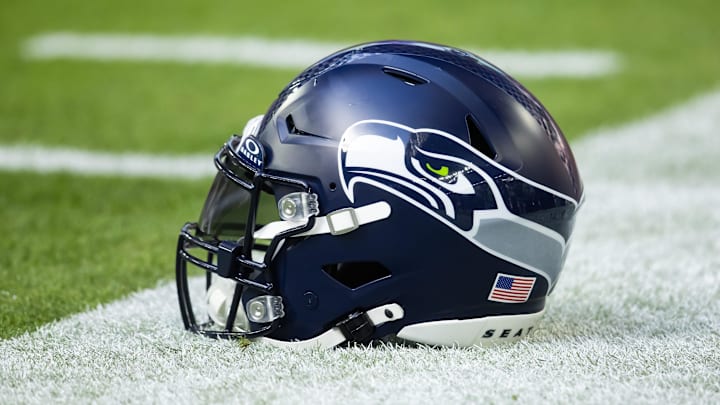 Dec 8, 2024; Glendale, Arizona, USA; Detailed view of a Seattle Seahawks helmet at State Farm Stadium. Mandatory Credit: Mark J. Rebilas-Imagn Images