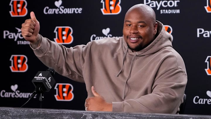 Newly signed Cincinnati Bengals defense tackle Dexter Lawrence speaks in a press conference for the first time since joining the team at Paycor Stadium in Cincinnati on Monday, April 20, 2026.