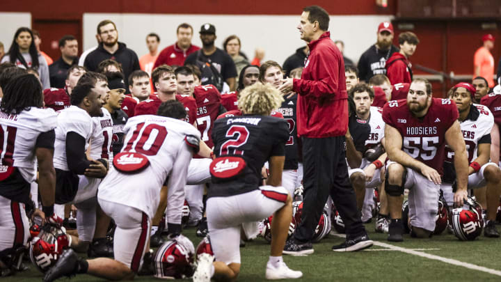 Indiana football coach Curt Cignetti talks to his team at spring practice. Indiana football coach Curt Cignetti talks to his team at spring practice.