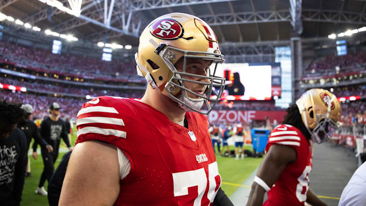 Dec 17, 2023; Glendale, Arizona, USA; San Francisco 49ers offensive lineman Ben Bartch (78) against the Arizona Cardinals at State Farm Stadium. Mandatory Credit: Mark J. Rebilas-USA TODAY Sports