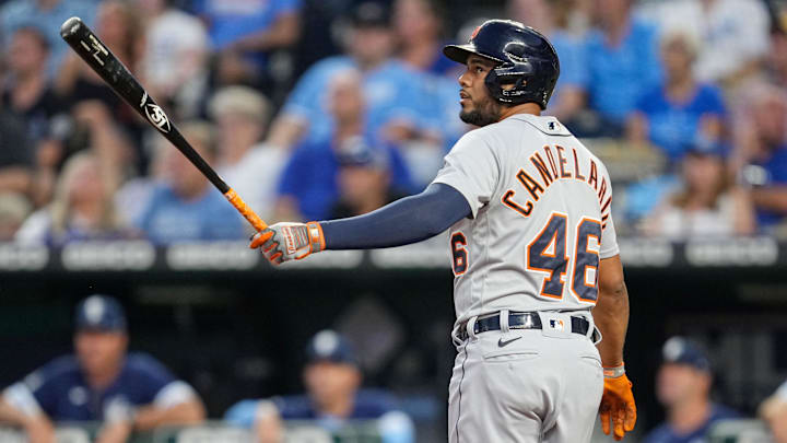 Sep 9, 2022; Kansas City, Missouri, USA; Detroit Tigers designated hitter Jeimer Candelario (46) watches after hitting a three-run home run against the Kansas City Royals during the second inning at Kauffman Stadium.