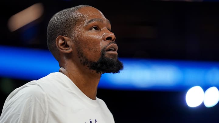 Jan 31, 2025; San Francisco, California, USA; Phoenix Suns forward Kevin Durant (35) stands on the court before the start of the game against the Golden State Warriors at the Chase Center.