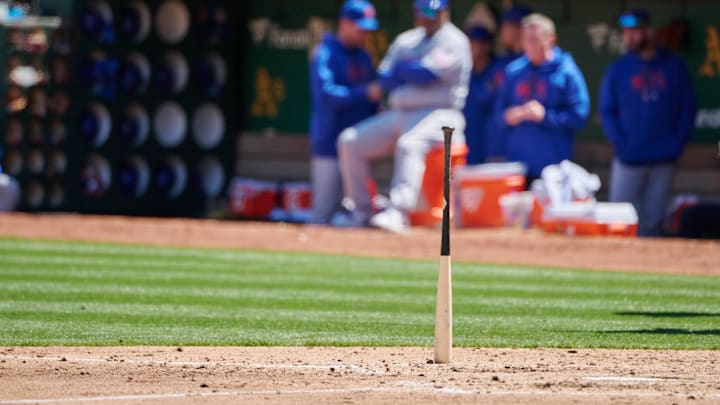 Apr 15, 2023; Oakland, California, USA; A baseball bat stands vertically on end in the batter's box during a stoppage of play in the fourth inning of the game between the Oakland Athletics and New York Mets at RingCentral Coliseum. Mandatory Credit: Robert Edwards-Imagn Images Apr 15, 2023; Oakland, California, USA; A baseball bat stands vertically on end in the batter's box during a stoppage of play in the fourth inning of the game between the Oakland Athletics and New York Mets at RingCentral Coliseum. Mandatory Credit: Robert Edwards-Imagn Images