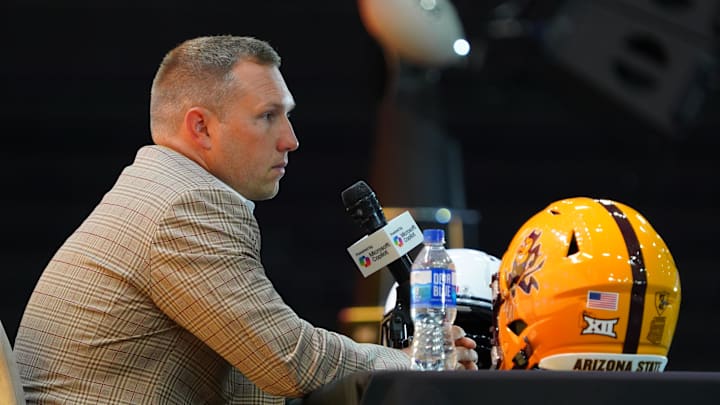 Jul 8, 2025; Frisco, TX, USA; Arizona State head coach Kenny Dillingham addresses the media during 2025 Big 12 Football Media Days at The Star. Mandatory Credit: Raymond Carlin III-Imagn Images Jul 8, 2025; Frisco, TX, USA; Arizona State head coach Kenny Dillingham addresses the media during 2025 Big 12 Football Media Days at The Star. Mandatory Credit: Raymond Carlin III-Imagn Images