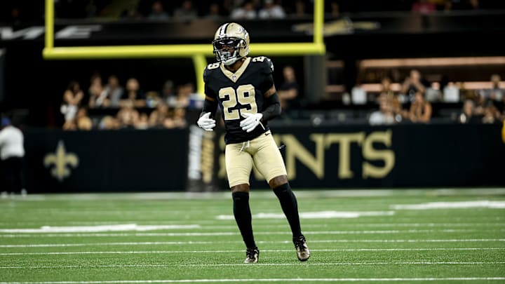 New Orleans Saints CB Quincy Riley (29) looks on during a preseason game against the Denver Broncos on Aug. 23, 2025
