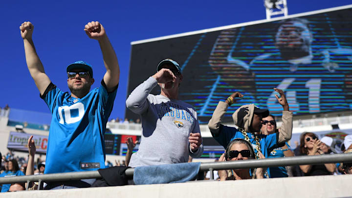 Jacksonville Jaguars fans react to linebacker Josh Allen (41) breaking the team single-season sacks record on Sunday, Dec. 31, 2023 at EverBank Stadium in Jacksonville, Fla. 