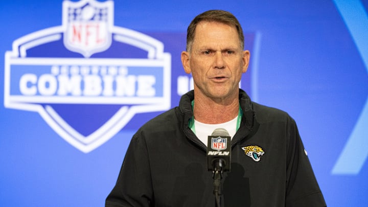 Feb 27, 2024; Indianapolis, IN, USA; Jacksonville Jaguars general manager Trent Baalke talks to the media at the 2024 NFL Combine at Indiana Convention Center. Mandatory Credit: Trevor Ruszkowski-Imagn Images