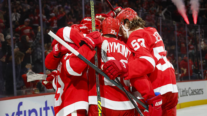 Nov 2, 2024; Detroit, Michigan, USA; The Detroit Red Wings celebrate a goal in the second period of the game against the Buffalo Sabres at Little Caesars Arena. Mandatory Credit: Brian Bradshaw Sevald-Imagn Images