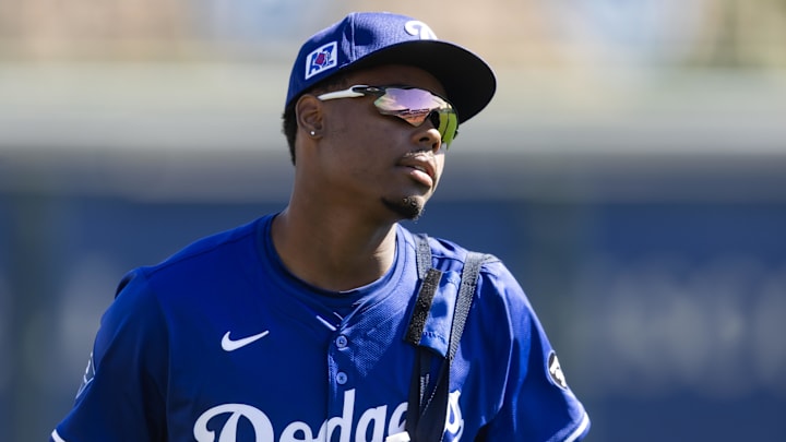 Feb 20, 2025; Phoenix, Arizona, USA; Los Angeles Dodgers outfielder Josue De Paula against the Chicago Cubs during a spring training game at Camelback Ranch-Glendale. Mandatory Credit: Mark J. Rebilas-Imagn Images