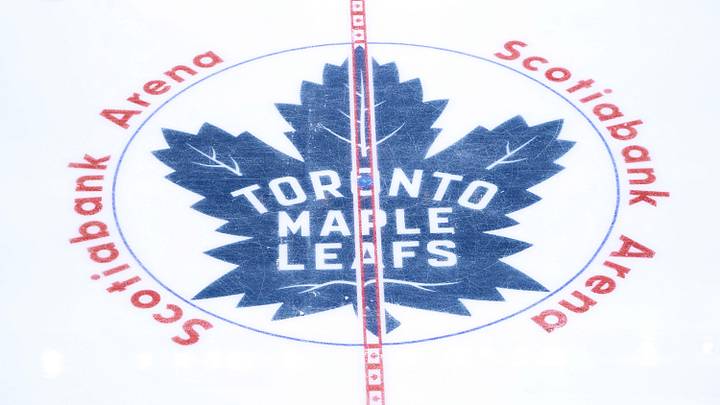 Apr 20, 2025; Toronto, Ontario, CAN; The Toronto Maple Leafs logo at center ice before game one of the first round of the 2025 Stanley Cup Playoffs against the Ottawa Senators at Scotiabank Arena. 