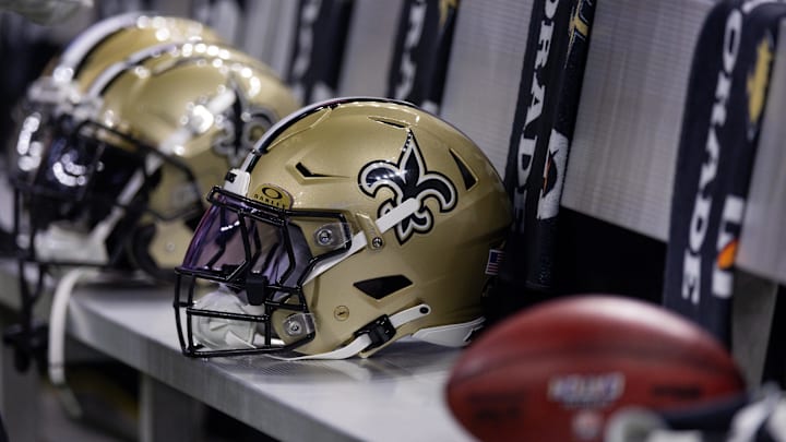 Nov 5, 2023; New Orleans, Louisiana, USA;  Detailed view of the New Orleans Saints helmets on the team bench against the Chicago Bears during the first half at the Caesars Superdome. Mandatory Credit: Stephen Lew-Imagn Images