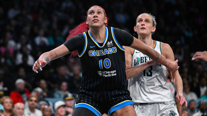 Aug 21, 2025; Brooklyn, New York, USA; Chicago Sky center Kamilla Cardoso (10) boxes out against New York Liberty forward Leonie Fiebich (13) during the second half at Barclays Center. Mandatory Credit: John Jones-Imagn Images Aug 21, 2025; Brooklyn, New York, USA; Chicago Sky center Kamilla Cardoso (10) boxes out against New York Liberty forward Leonie Fiebich (13) during the second half at Barclays Center. Mandatory Credit: John Jones-Imagn Images