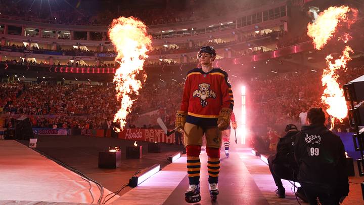 Jan 2, 2026; Miami, Florida, USA; Florida Panthers defenseman Gustav Forsling (42) walks to the ice prior to the 2026 Winter Classic ice hockey game against the New York Rangers at loanDepot Park. Mandatory Credit: Sam Navarro-Imagn Images