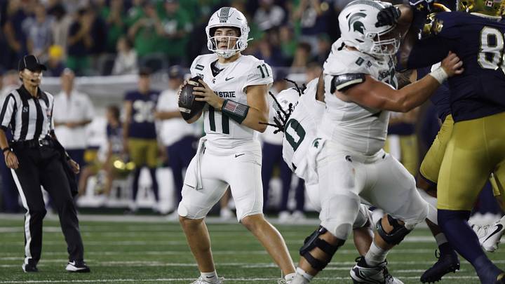 Sep 19, 2026; South Bend, Indiana, USA; Michigan State Spartans quarterback Alessio Milivojevic (11) looks to pass against the Notre Dame Fighting Irish during the first half at Notre Dame Stadium. Mandatory Credit: Michael Caterina-Imagn Images Sep 19, 2026; South Bend, Indiana, USA; Michigan State Spartans quarterback Alessio Milivojevic (11) looks to pass against the Notre Dame Fighting Irish during the first half at Notre Dame Stadium. Mandatory Credit: Michael Caterina-Imagn Images