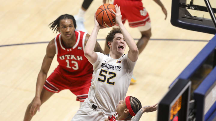 Feb 18, 2026; Morgantown, West Virginia, USA; West Virginia Mountaineers guard Treysen Eaglestaff (52) shoots in the lane during the second half against the Utah Utes at Hope Coliseum. Mandatory Credit: Ben Queen-Imagn Images Feb 18, 2026; Morgantown, West Virginia, USA; West Virginia Mountaineers guard Treysen Eaglestaff (52) shoots in the lane during the second half against the Utah Utes at Hope Coliseum. Mandatory Credit: Ben Queen-Imagn Images