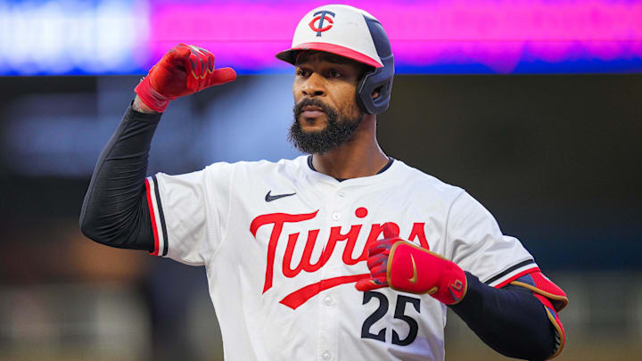 Jun 25, 2025; Minneapolis, Minnesota, USA; Minnesota Twins outfielder Byron Buxton (25) celebrates his single against the Seattle Mariners in the sixth inning at Target Field. Jun 25, 2025; Minneapolis, Minnesota, USA; Minnesota Twins outfielder Byron Buxton (25) celebrates his single against the Seattle Mariners in the sixth inning at Target Field.