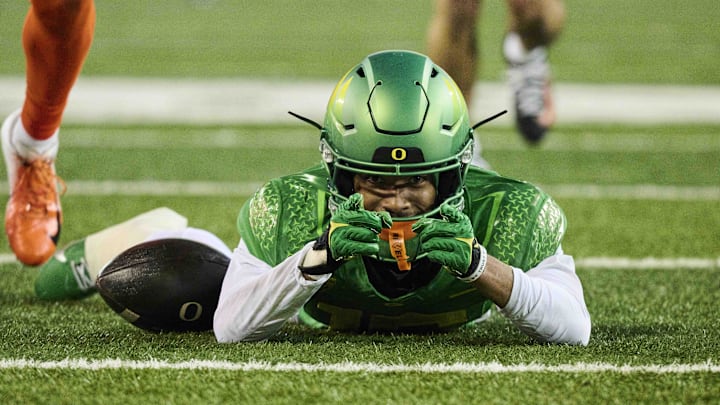 Nov 24, 2023; Eugene, Oregon, USA; Oregon Ducks wide receiver Tez Johnson (15) signals first down.